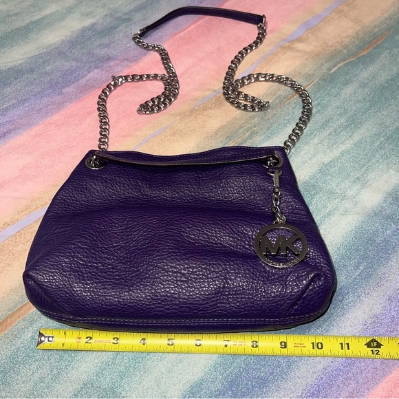Michael Kors Tote Shoulder Bag Purple Leather Silver Tone Chain Logo MK Small - Picture 8 of 9